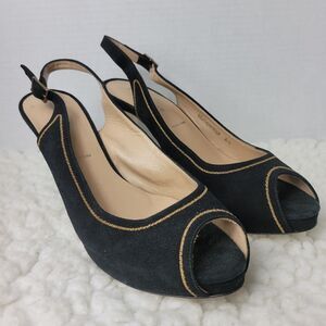 Ron White Womens Shoes Size 10.5 Slingback Shoes Peep Toe Black Suede Golf Trim